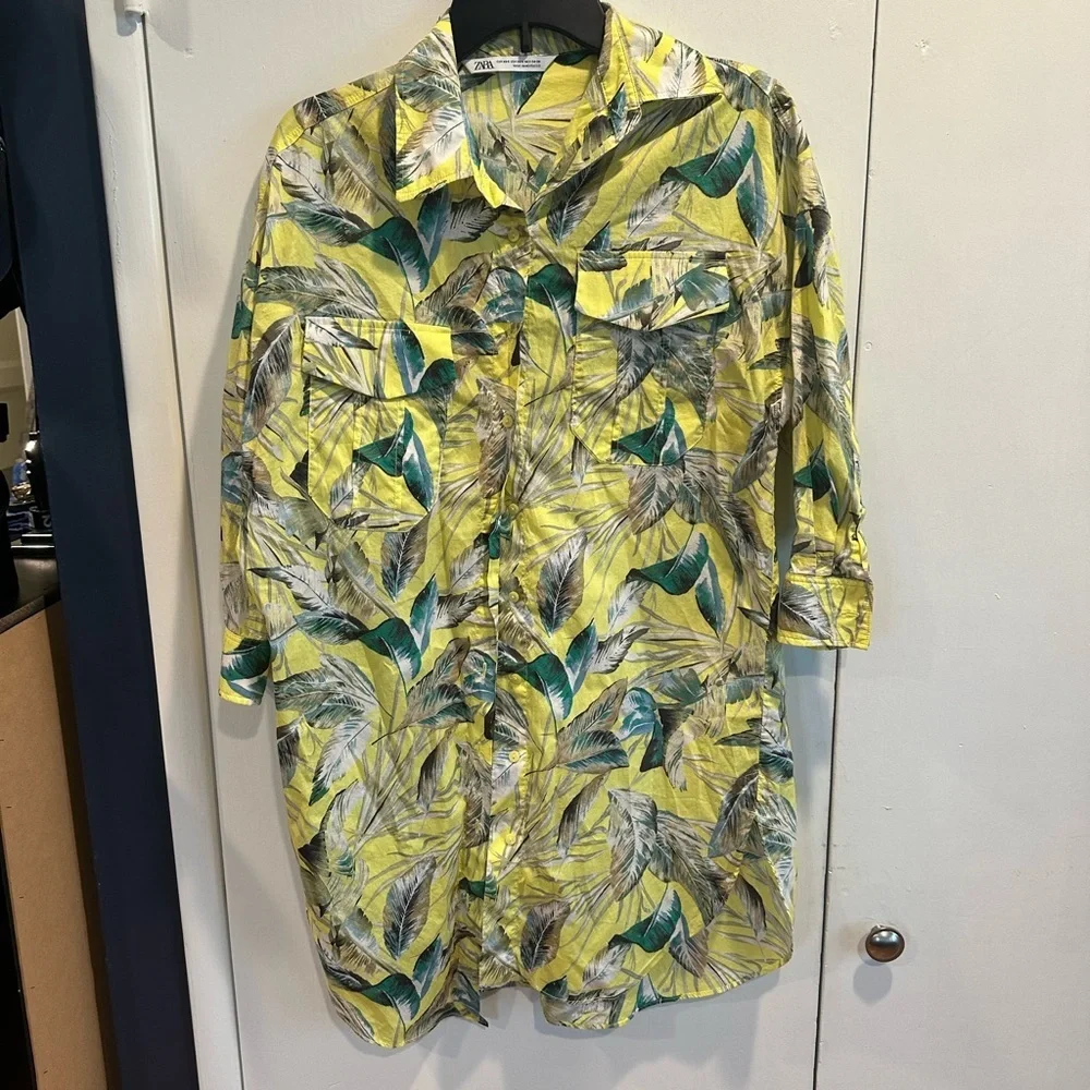 zara printed shirt dress green Zara Green Geometric Print Maxi Shirt Dress